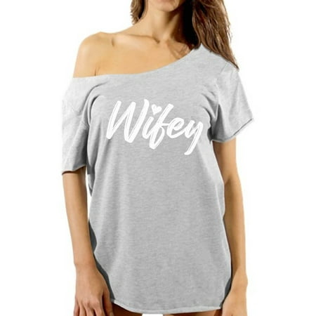 Mezee Wifey Shirt Off The Shoulder Wife T Shirt for Women Couples Matching Shirts Honeymoon Outfit Gifts for Newlywed Couple Oversized Wifey Tshirt Women's Wifey Flowy Top for Valentine's