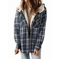 thumbnail image 3 of Women'S Plaid Jacket Long Sleeve Button Down Fleece Hooded Jackets Warm Coat Blue Checkered L, 3 of 7