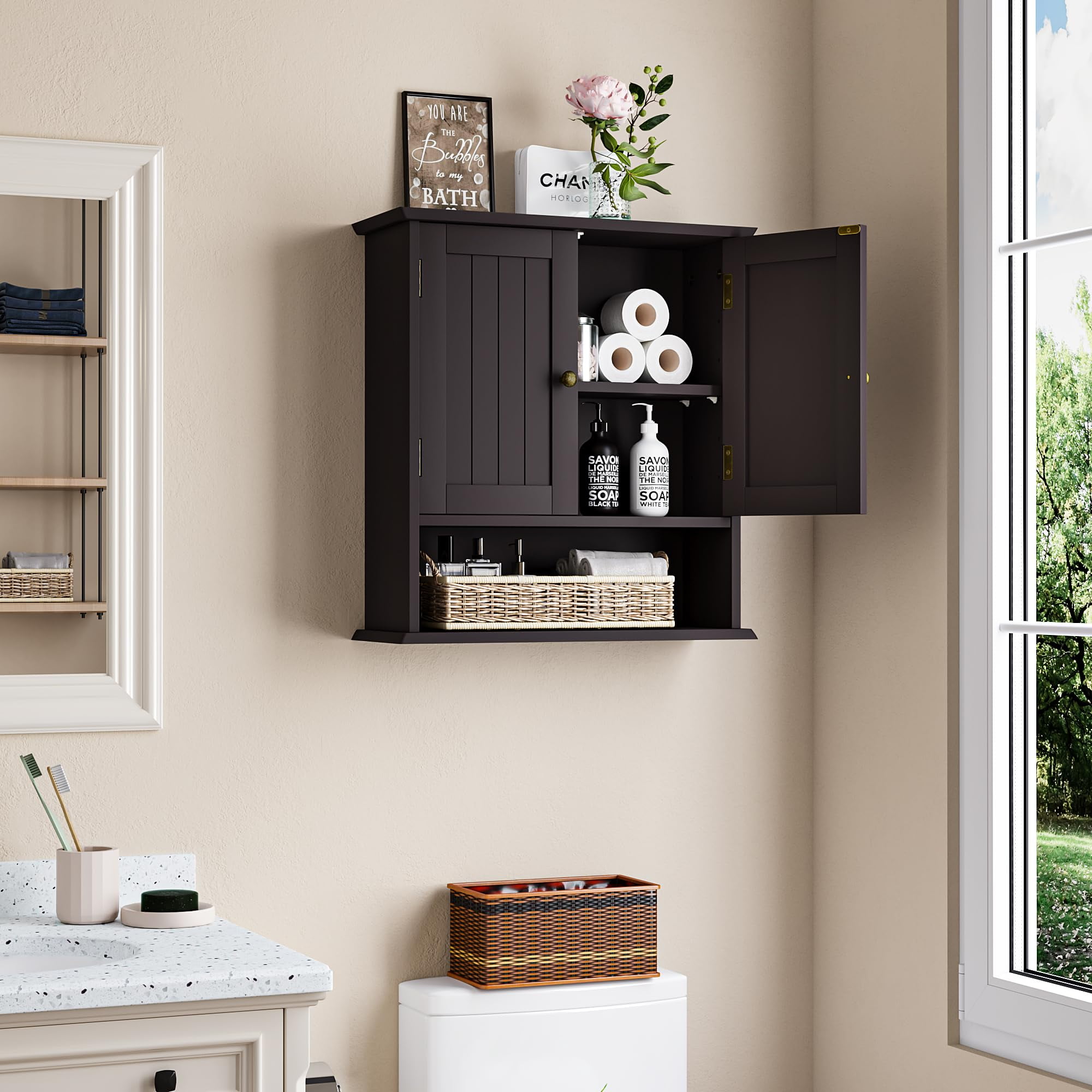 Algherohein Bathroom Medicine Cabinet with Shelf,Over the Toilet Storage Wall Cabinet,Brown Small