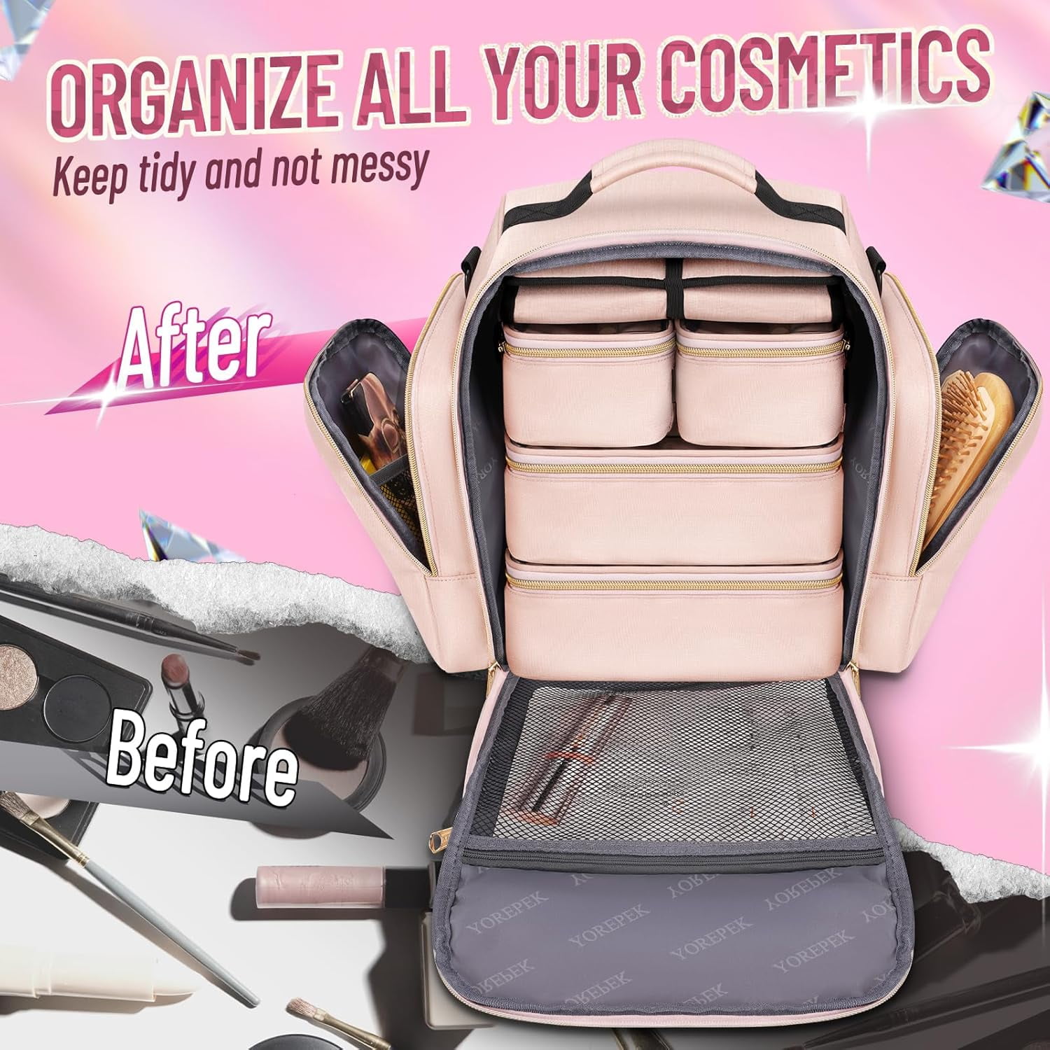 YOREPEK Large Travel Makeup Bag Organizer with 4 Removable Cases & 1 Jewelry Organizer Roll, Multiple Storage Pockets Cosmetic Bag Holds Toiletries/Skin Care/Hair Supplies/Brush, Gift for Women