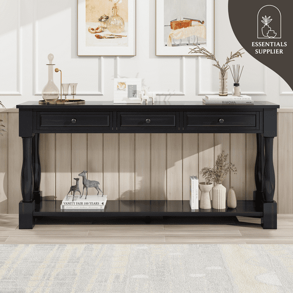 63" Black Console Table with Drawers & Shelf for Entryway, Hallway, Living Room