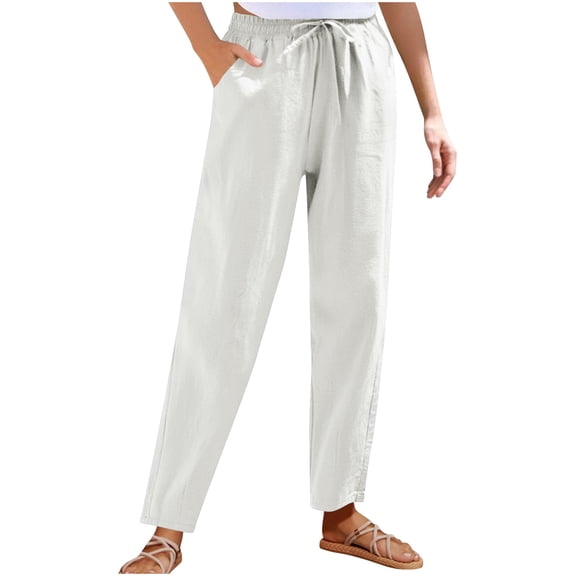 Lenpel Women's Cotton Linen Pants Casual Loose Elastic High Waisted Drawstring Straight Leg Trousers Summer Beach Pants