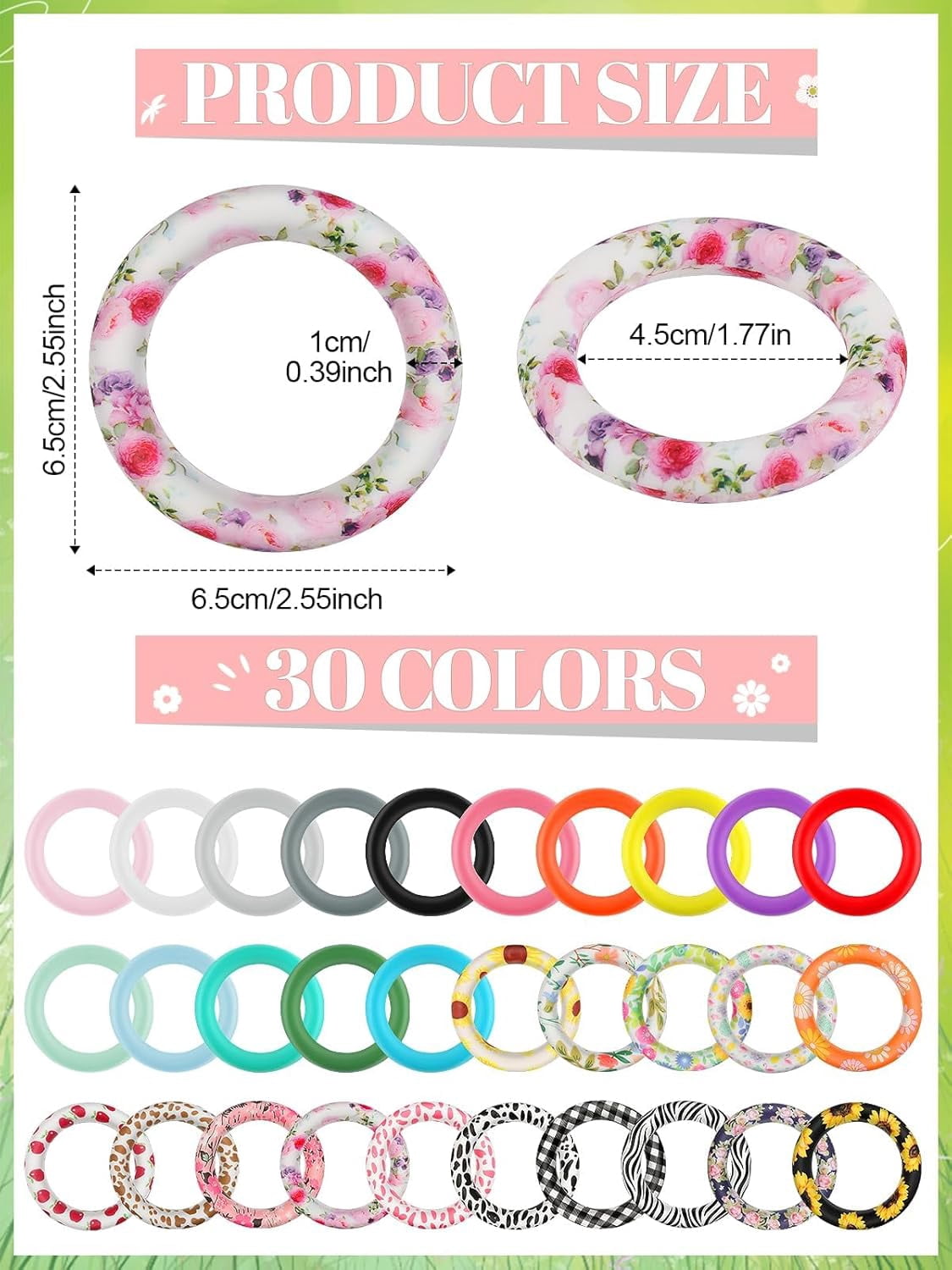 Kalolary 45 PCS Silicone O Rings Beads, 65mm Sunflower Beadable Silicone Rings Spring Summer Round Silicone Loop Silicone Pendant Beads for DIY Keychain Bracelet Jewelry Making Hanging Ornaments
