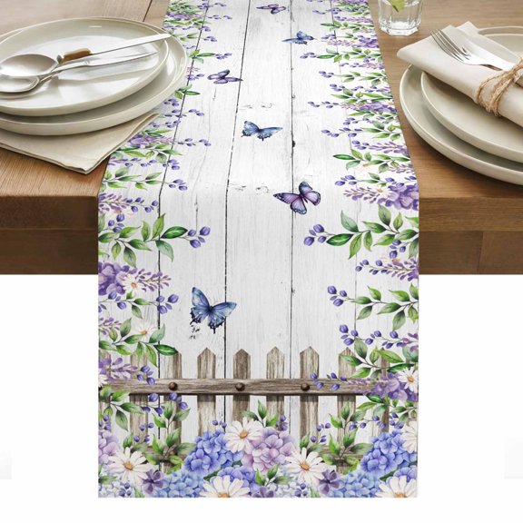 Spring Purple Flowers Table Runner - 120 Inch Long, Kitchen Dining Table Runner Dresser Scarves, Farmhouse Leaves Fences Gray Wood Farmhouse Decor for Coffee Tables Wedding Party Banquet