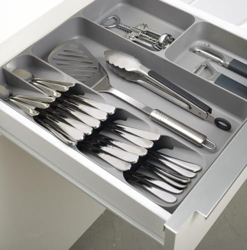 DrawerStore Compact Utensil Organizer For Kitchen Drawer Silverware, Flatware Tray, Large, Grey