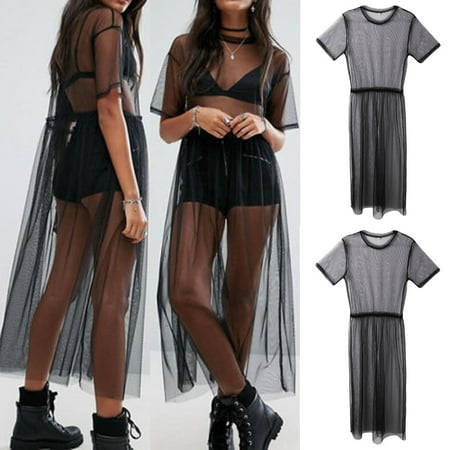 Mesh Spandex Suit - New Women Mesh Summer Beach Bikini Cover Up Long Swimwear Dress Bathing Suit Size M