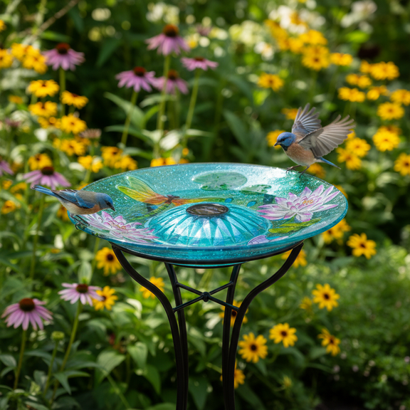 Teamson Home 18" Outdoor Solar Glass Dragonfly Birdbath with LED Lights and Stand, Multicolor