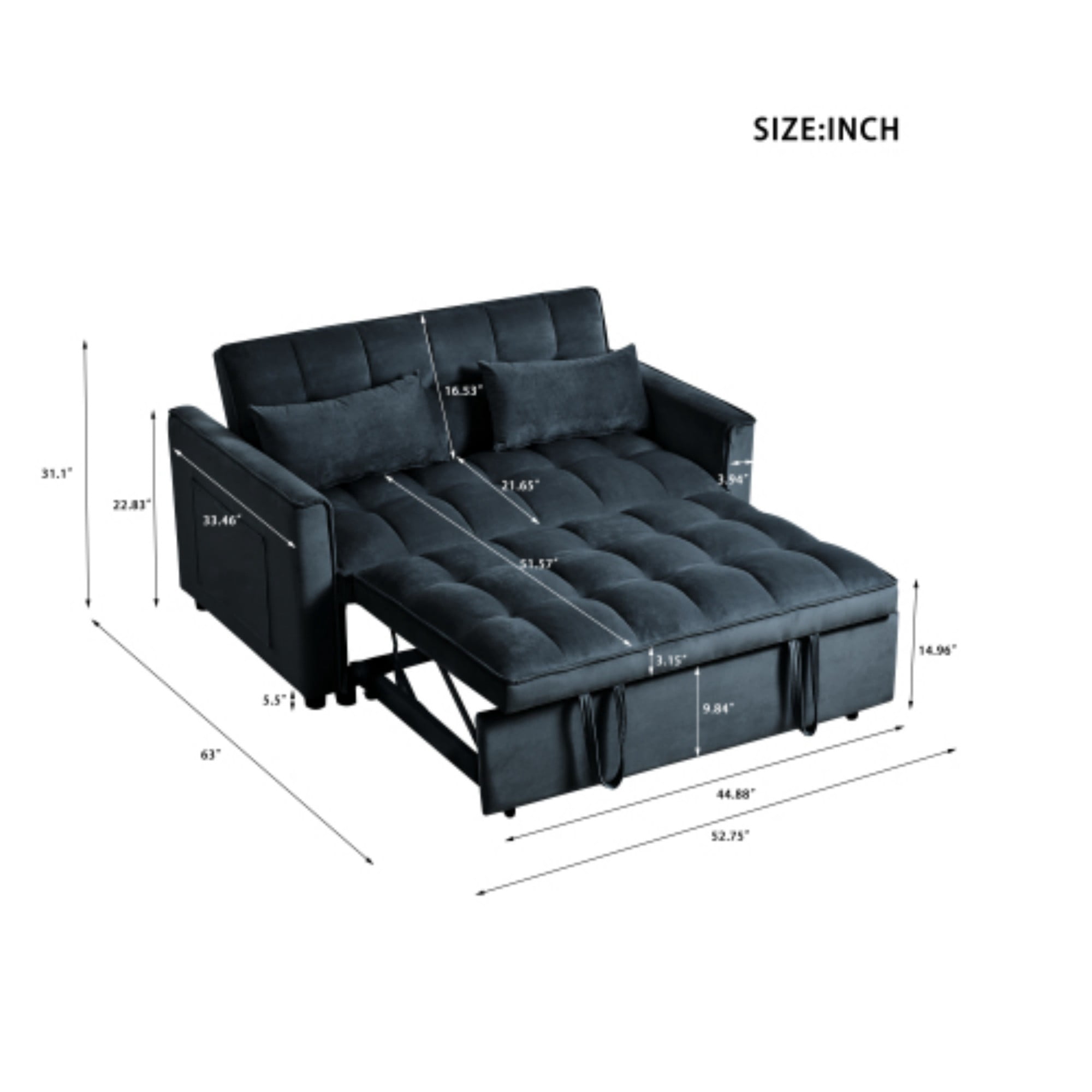 BSHTI Modern Sofa Sleeper, Futon Sofa Bed,Twin-Size Sofa Couch with 3 Adjustable Rreclining Angles,Two Matching Pillows,Easy Assembly,Velvet Fabric Loveseat,Black