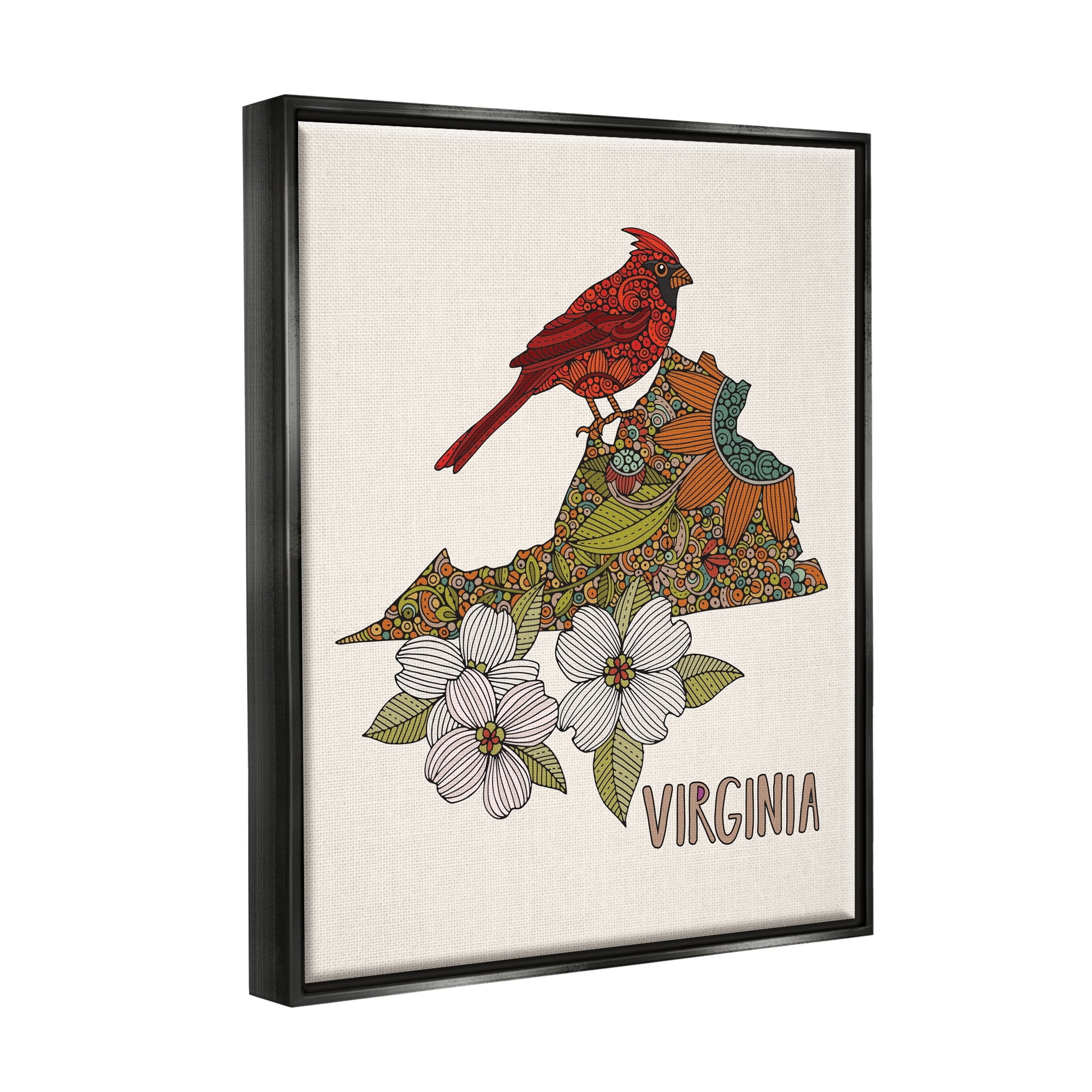 Stupell Industries Virginia Cardinal Bird Intricate Dogwood Floral Pattern Graphic Art Jet Black Floating Framed Canvas Print Wall Art, Design by Valentina Harper