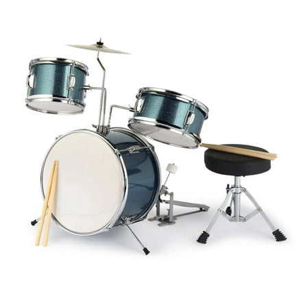 Wqmh 3-Piece Kids Drum Set, 14 Inch Beginners Drums Kit with Throne Stool, Pedal & 2 Pairs of Drumsticks, Junior Drums Set Musical Instruments W/Cymbal, Tom, and Snare Drum (Sky Blue)