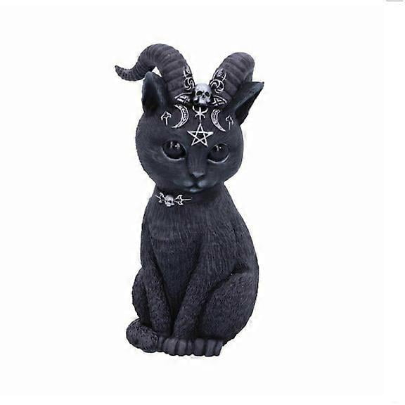 1-Piece Mysterious Cat Statue, Sheep Horn, Black Decorative Resin Craft Ornament, Halloween Garden Ornament, Altar Guardian