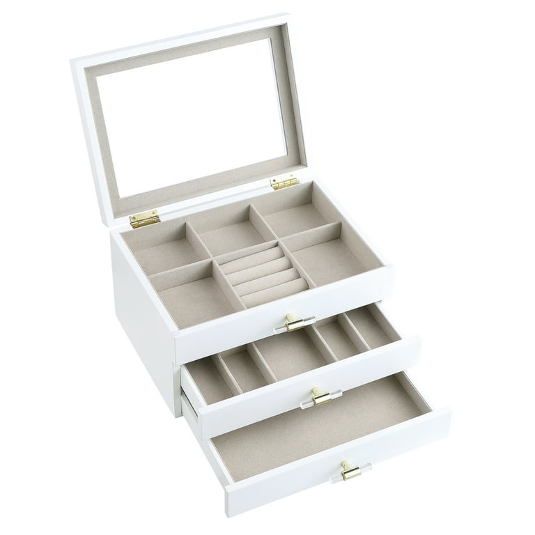 Jewellery Box Glass Lid Layer With Drawer, Solid Walnut Wood