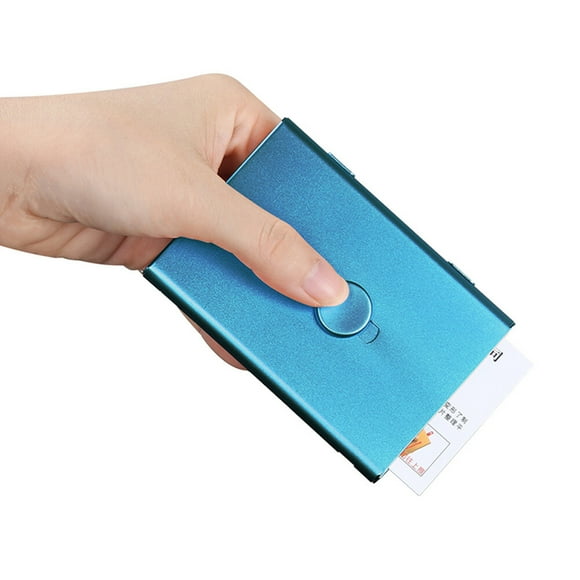 KINGFOM Portable Stainless Steel Business Card Holder for Men & Women, Pocket Business Card Case Home Office Business Card Organizer Thumb-Drive Business Name Card Box Credit ID Gift Card Holder Blue