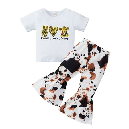 

2PCS Baby Girls Summer Outfits Letter Print Romper Jumpsuit and Leopard Print Bell Bottoms Pants Clothes Set