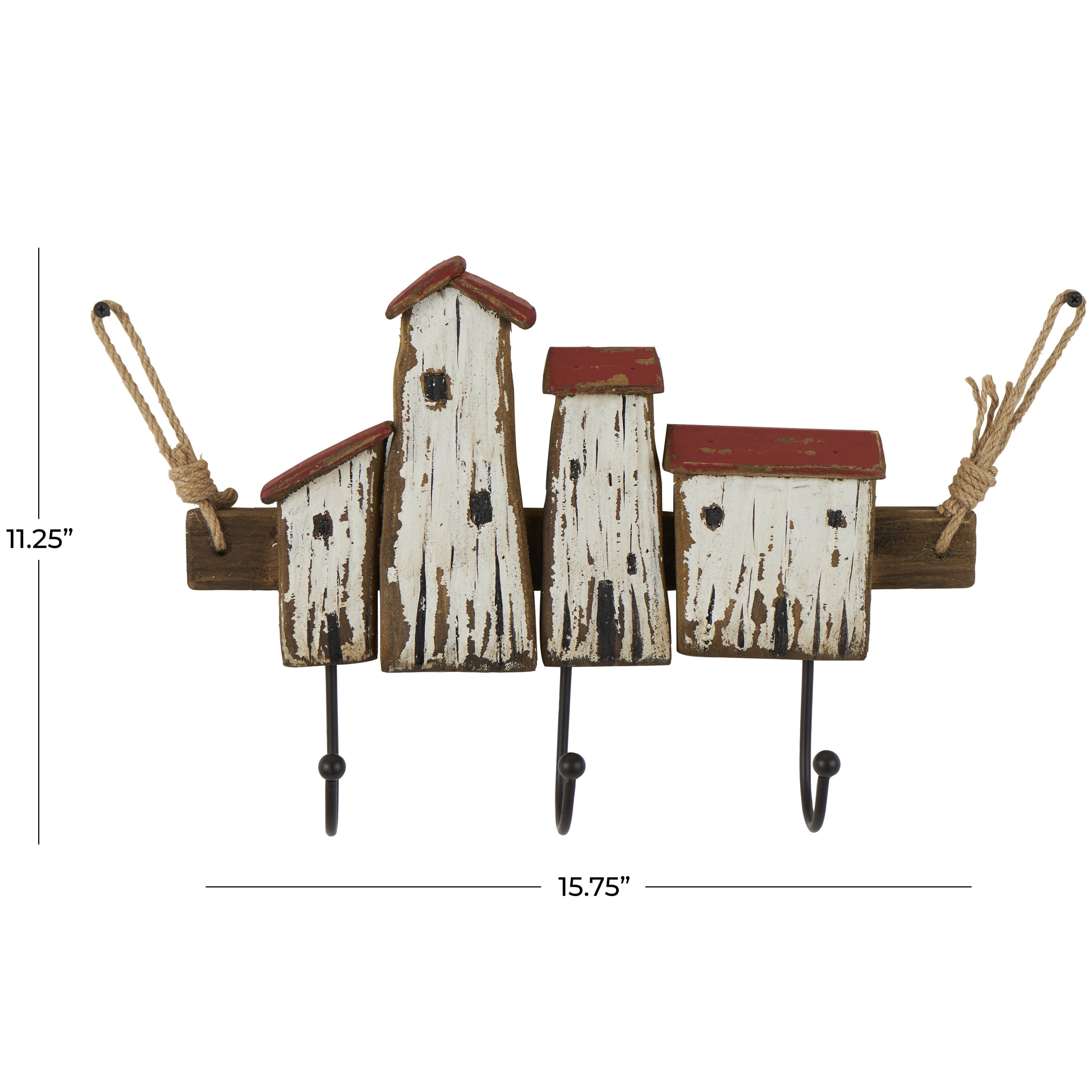 DecMode 16" x 11" Cream Wood Handmade Distressed House 3 Hanger Wall Hook with Red Roof Accents and Hanging Rope, 1-Piece