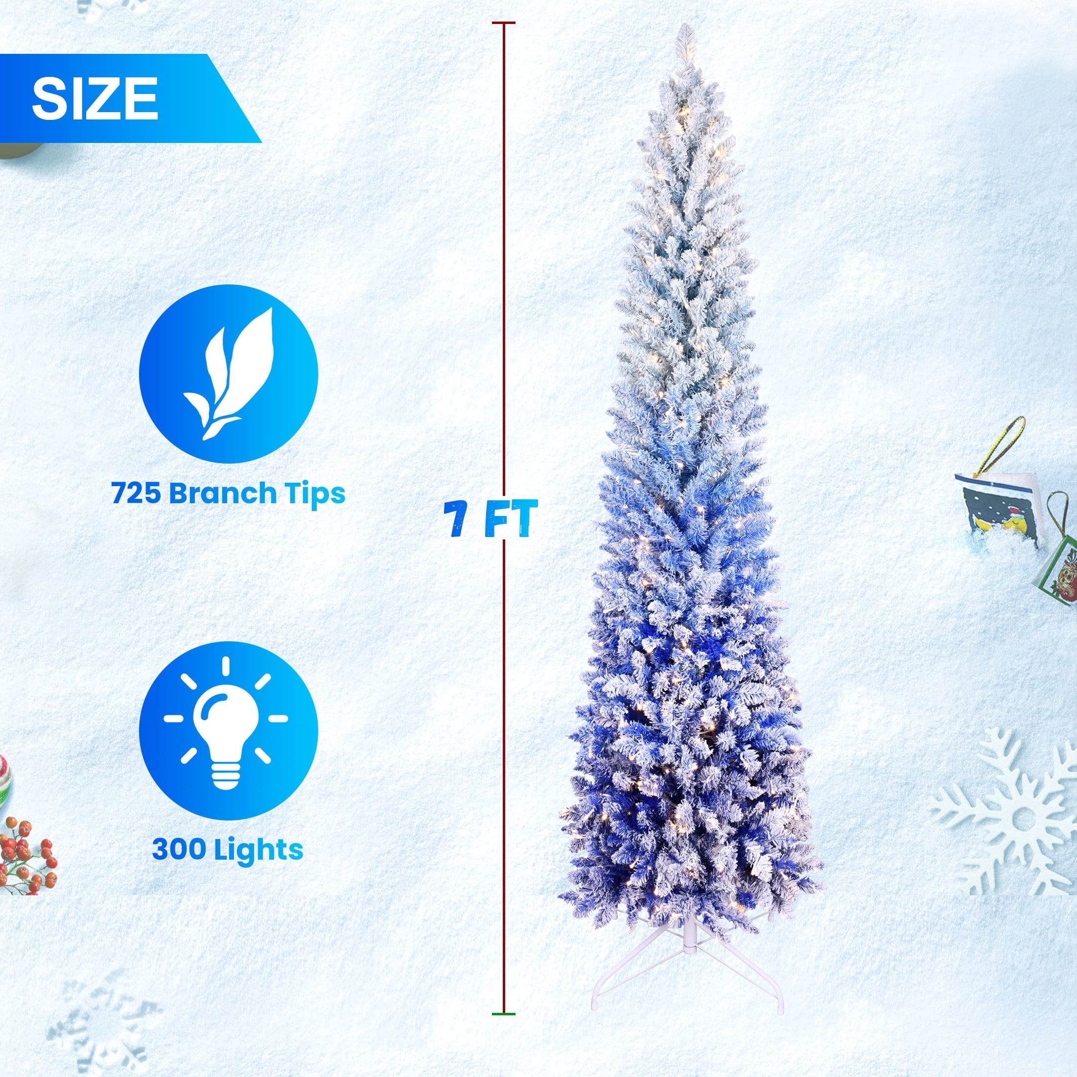 6ft Blue Gradient Flocked Pencil Christmas Tree 725 Tips 300 LED Lights Hinged Branches Metal Stand