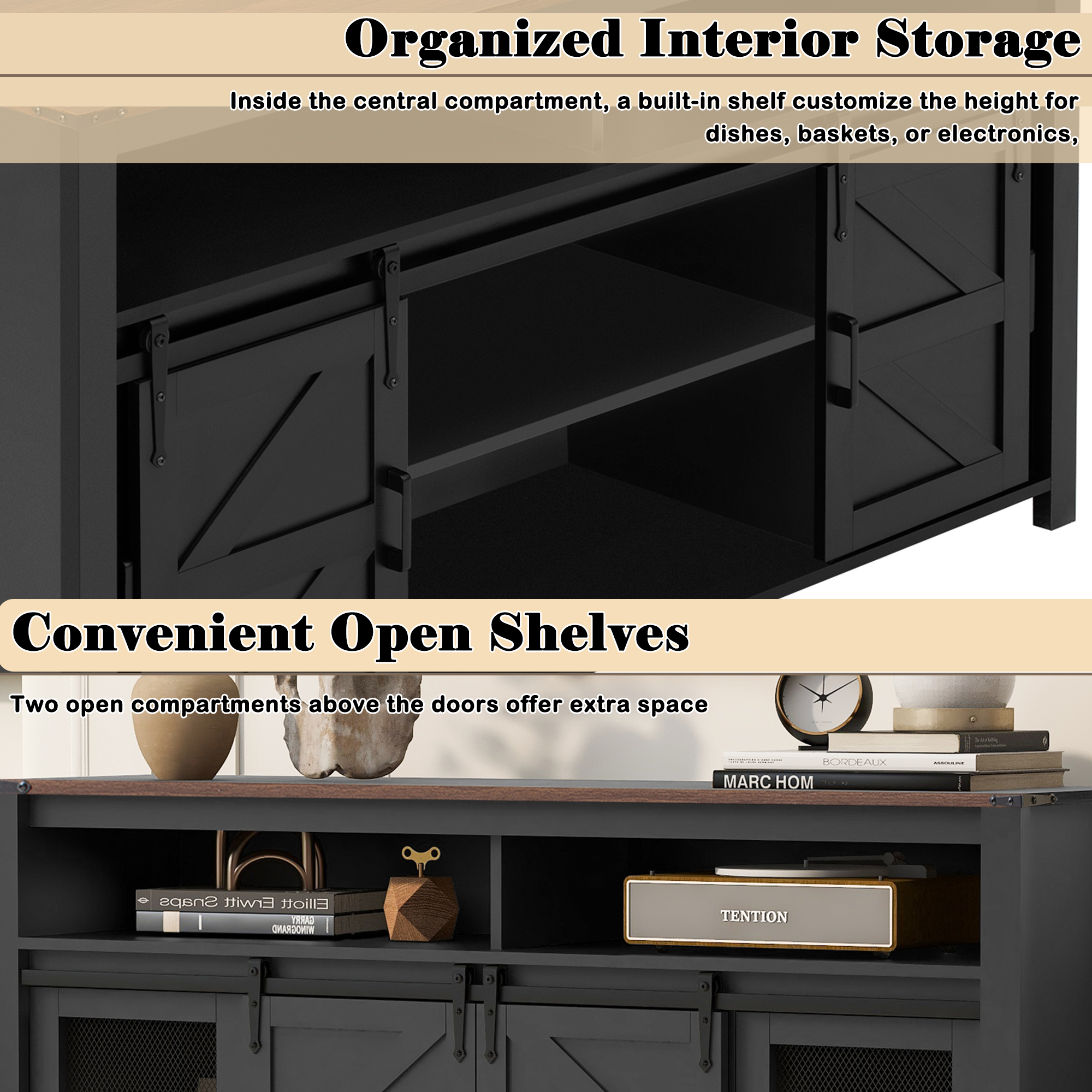 Aukfa 59.3" Sideboard Buffet Cabinet w/Mesh Panel Doors,Large Storage Cabinet for Kitchen Dining Living Room,Black