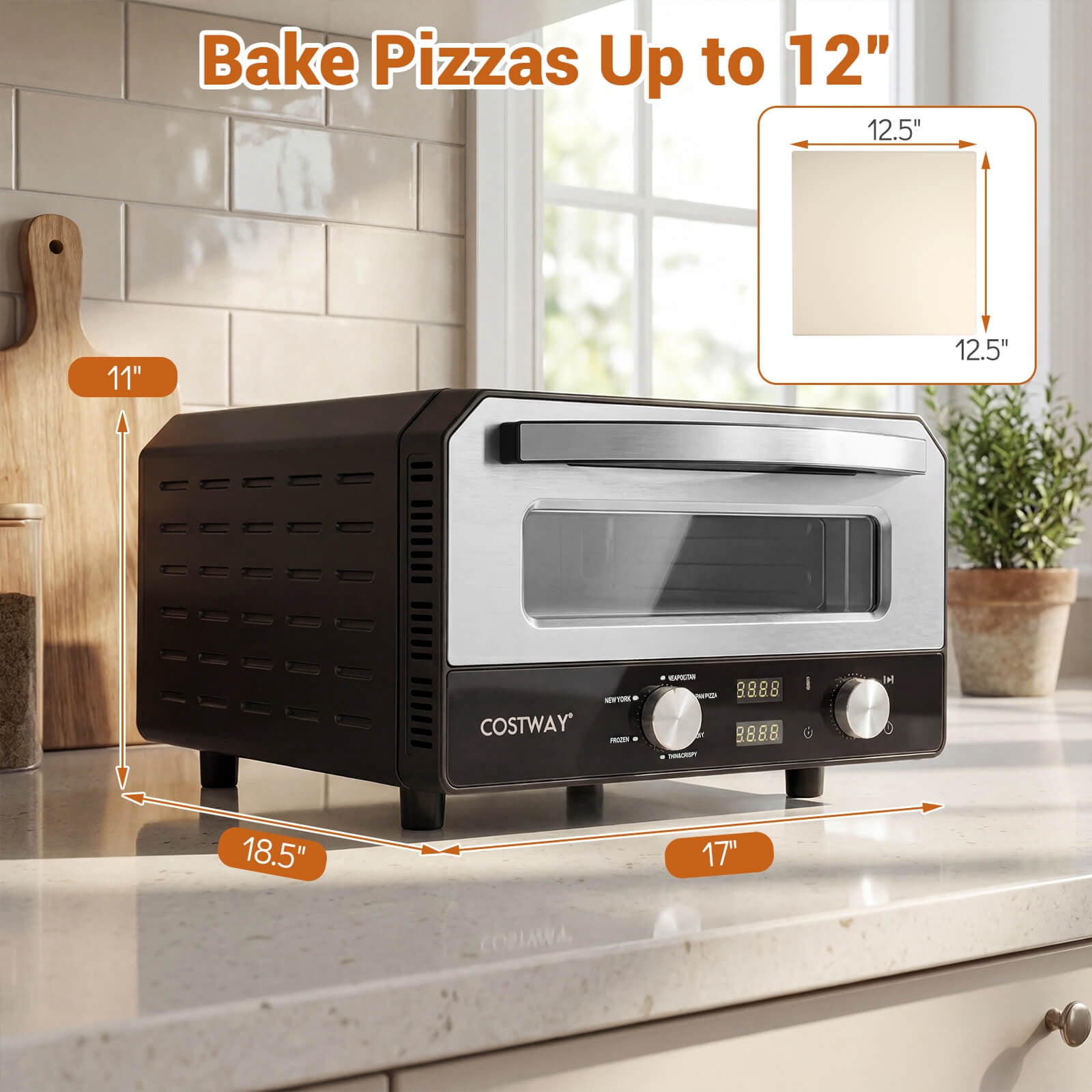 Costway Pizza Oven for 12” Pizzas with 6 Presets & 2-Min Rapid Baking Heats up to 750℉