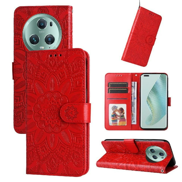 Funda tipo cartera GANGXUN para Honor Magic 5 Pro , diseño girasol, cuero PU, soporte, cierre magnético, tarjetero