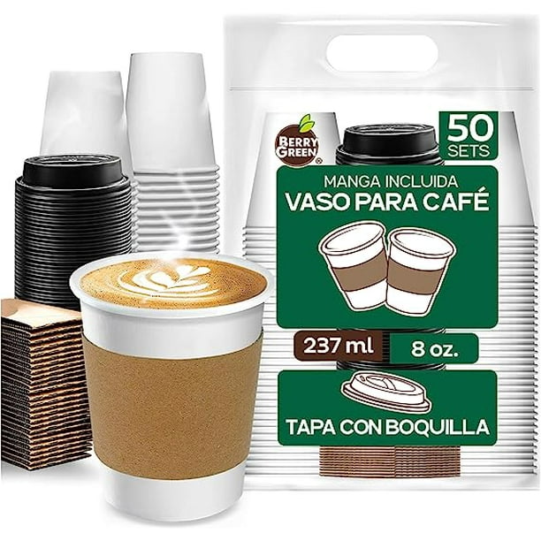 Berry Green 50 Vasos para Cafe de 8 oz (237 ml) Desechables con Tapa y Manga Protectora, Perfecta Para Cafe, Te y Todo Tipo de Bebidas Calientes, sin Derrames, Biodegradables Best Trading VCAF8