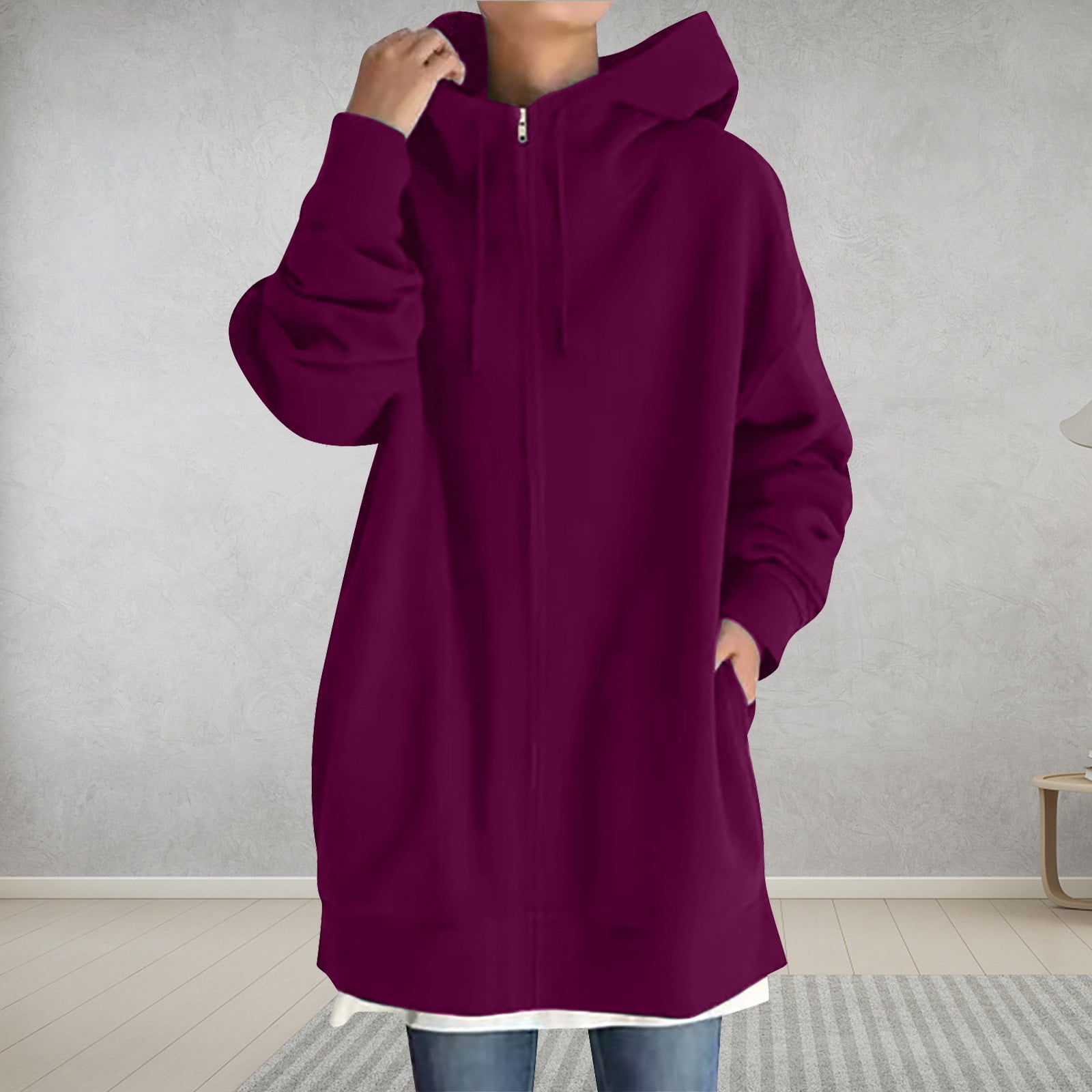 NWQKYZGH Women Coats Women'S Solid Color Hoodie Zipper Long Sleeve  Sweatshirts Long Coat Tops with Pockets Flash Picks Hot Pink 12(Xxl)