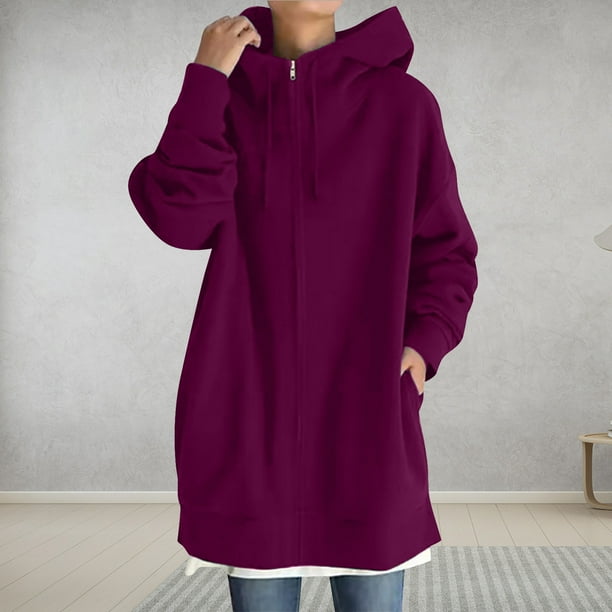 Pntutb Sudadera con capucha de color sólido para mujer Sudaderas de manga larga con cremallera Abrigo largo Tops con bolsillos Liquidación Pntutb Pntutb-4094