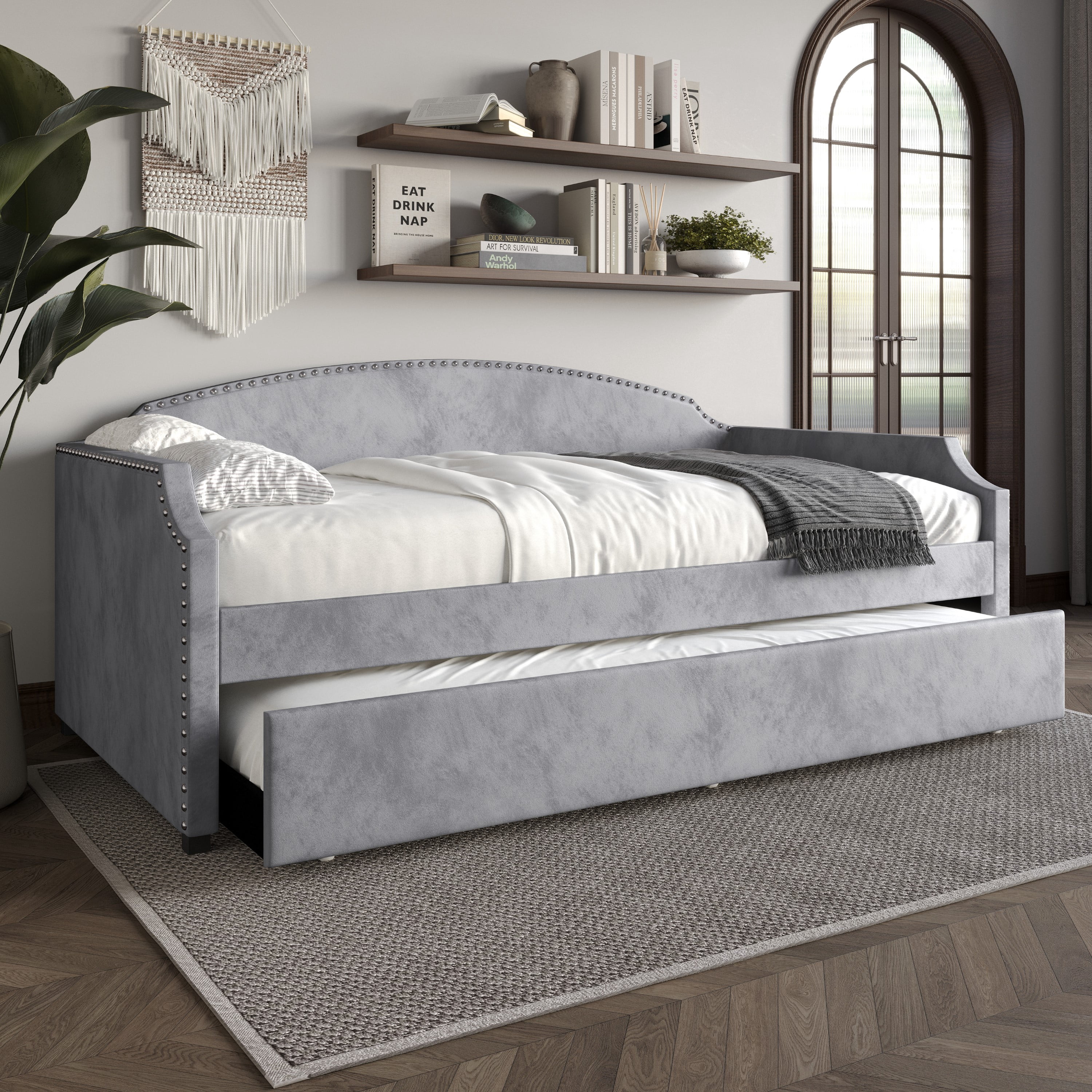 Home Design Kilgore Twin Daybed, Gray Velvet, Scooped Backrest, Chrome Nailhead Trim, Foam Padding, Pull-Out Trundle for Stylish Seating & Sleeping