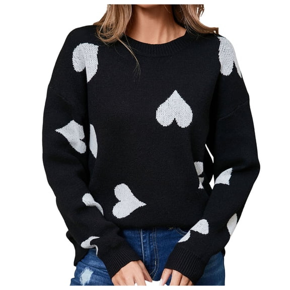 Valentines Sweaters for Women Peach Heart Pattern Crewneck Sweater Soft Knit Long Sleeve Pullover Casual Comfortable Jumper Top Black S