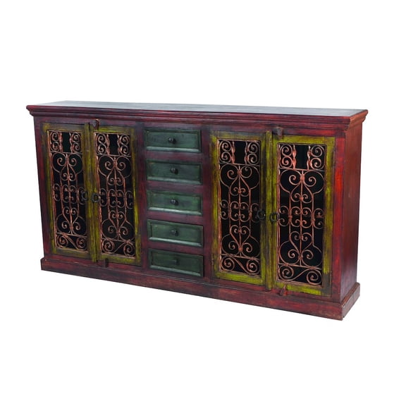 Arvada Solid Wood 4 Door 5 Drawer Hand-Carved Buffet in Brown