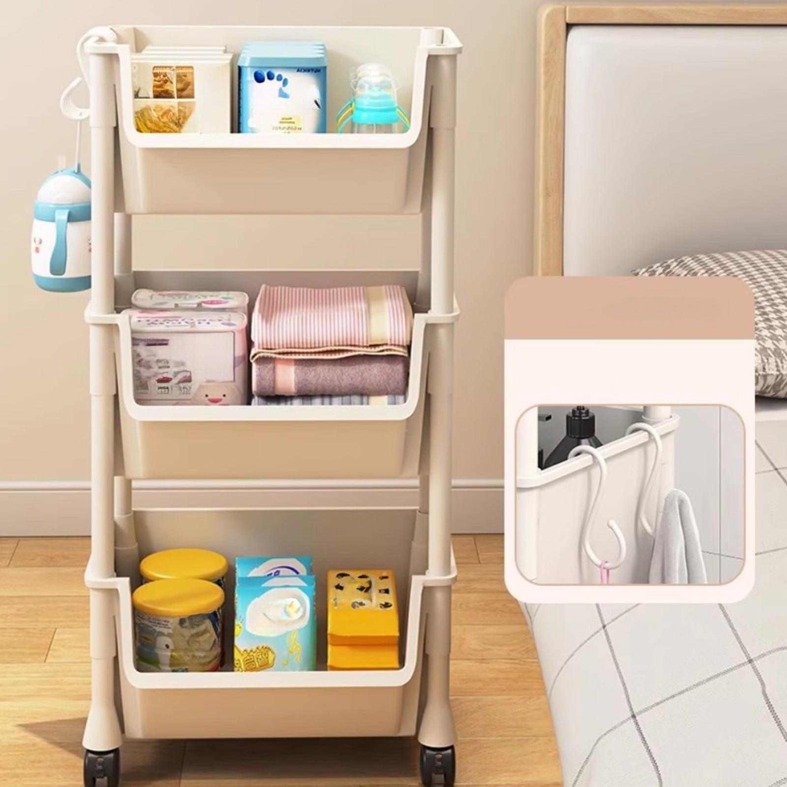 3 Tier Rolling Cart with Wheels, Storage Craft Art Trolley Organizer Serving, Easy Assembly, for Office, Living Room, Kitchen, White