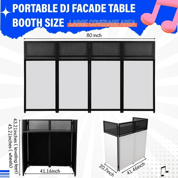 BeesClover 42"L×46"H×25"W Portable DJ Facade Booth, Foldable DJ Table Station Metal Frame with White & Black Lighting Scrim