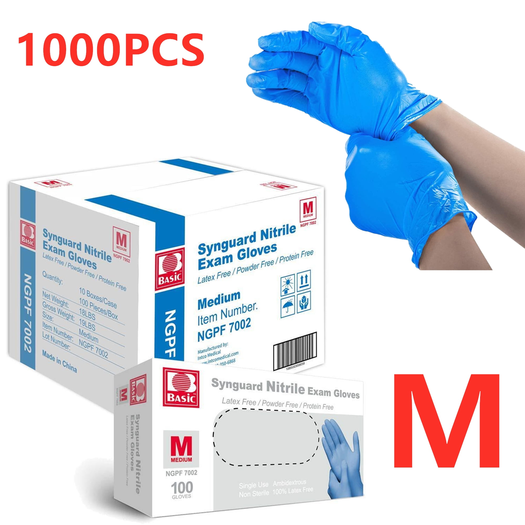 INTCO 1000pc Medium Size Medical Disposable Synguard Nitrile Exam Gloves Blue Non-Sterile Latex Free Powder Free