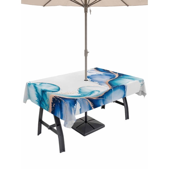 Outdoor Tablecloth with Umbrella Hole for Patio/Picnic/Party/Camping, Blue Marble Stone Waterproof Table Cloth Rectangle Table Cover Washable, Ink Splash Country Marble Abstract (60"x 120")