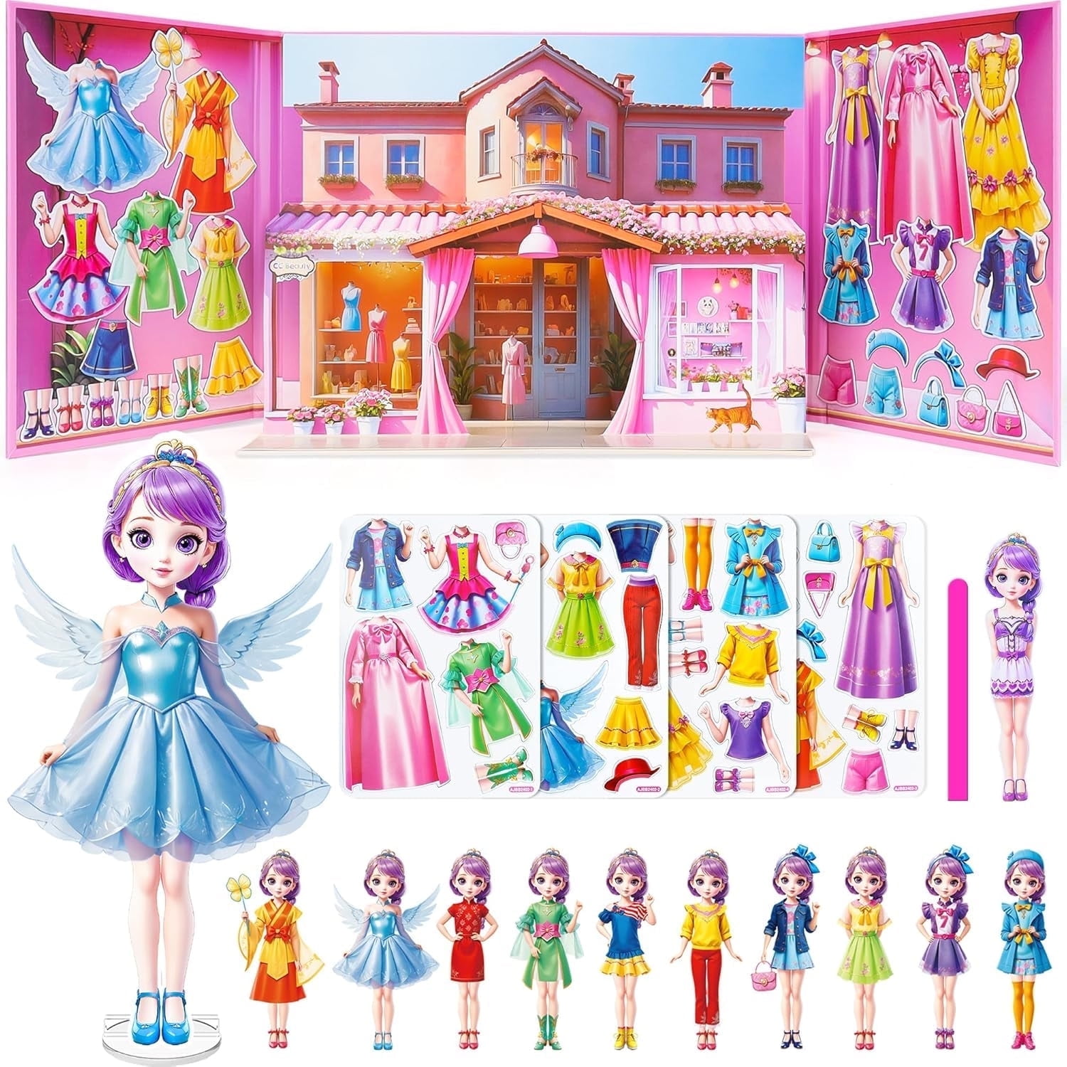 Jacone Magnetic Dress Up Dolls for Girls - Princess Magnet Paper Dolls Book with 3D City Buildings - Travel Car Trip Quiet Book Game Creating Imaginative Birthday Gifts for Kids Toddlers
