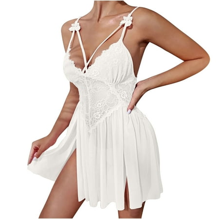 Womens Sexy Negligee Lace Mesh Splicing Chemise Hollow Out Babydoll Split Hem Nightgown Embroidery Sling Lingerie Backless See Through Nightdress Sleepwear