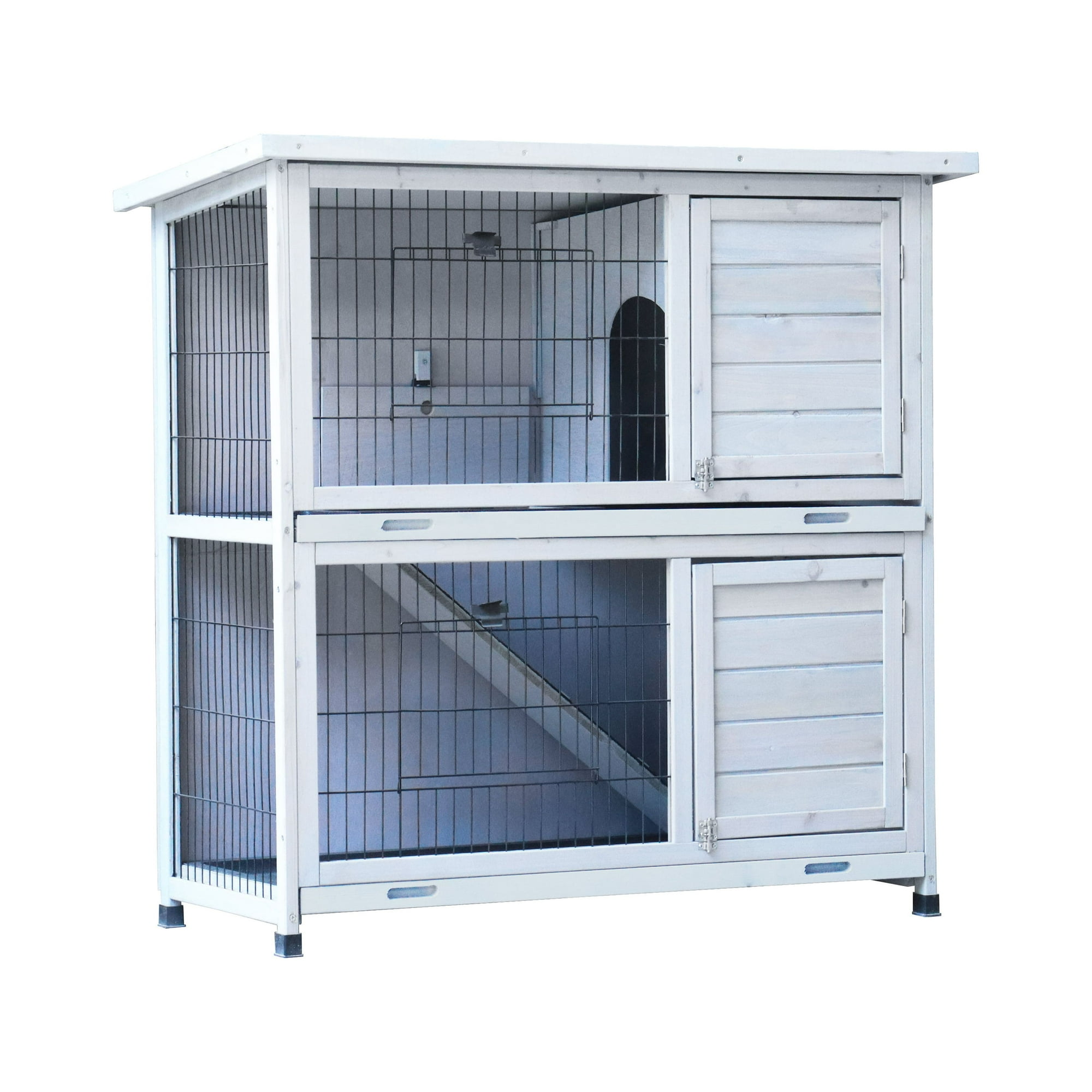 GUTALOR Outdoor 2-Story Rabbit Hutch with Run - Bunny Cage for Small Animals - 2 Removable No-Leak Trays, Non-Slip Ramp, Waterproof Roof, Fence - Indoor/Outdoor Pet Cages