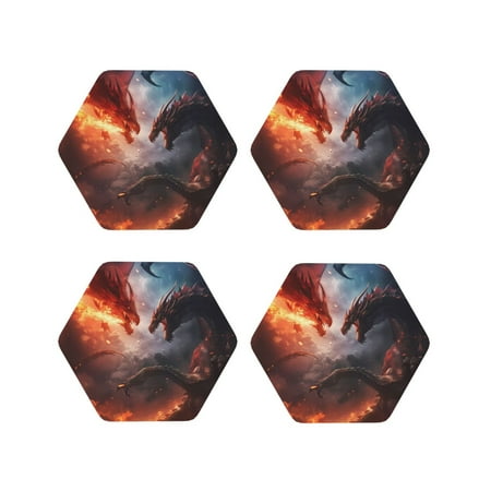

Coasters Set of 4 - Fire Sky Dragon Drink Coasters for Tabletop Protection Leather Coasters for Living Room Decor and Housewarming Gift Hexagon