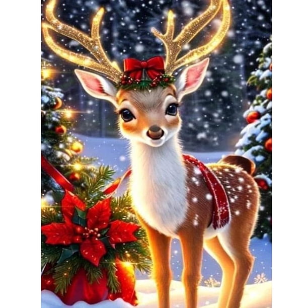 Pintura De Diamante 5D DIY Taladro Redondo Completo Kit De Ciervo De Navidad Decoración 30x40cm