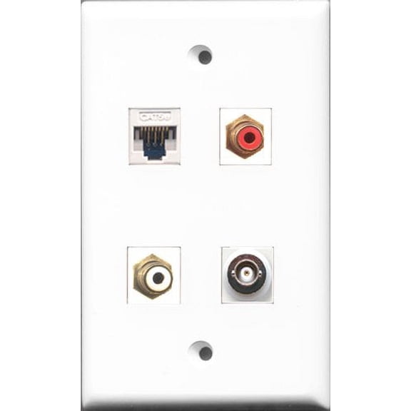 RiteAV 1 Port RCA Red and 1 Port RCA White and 1 Port BNC and 1 Port Cat5e Ethernet White Wall Plate