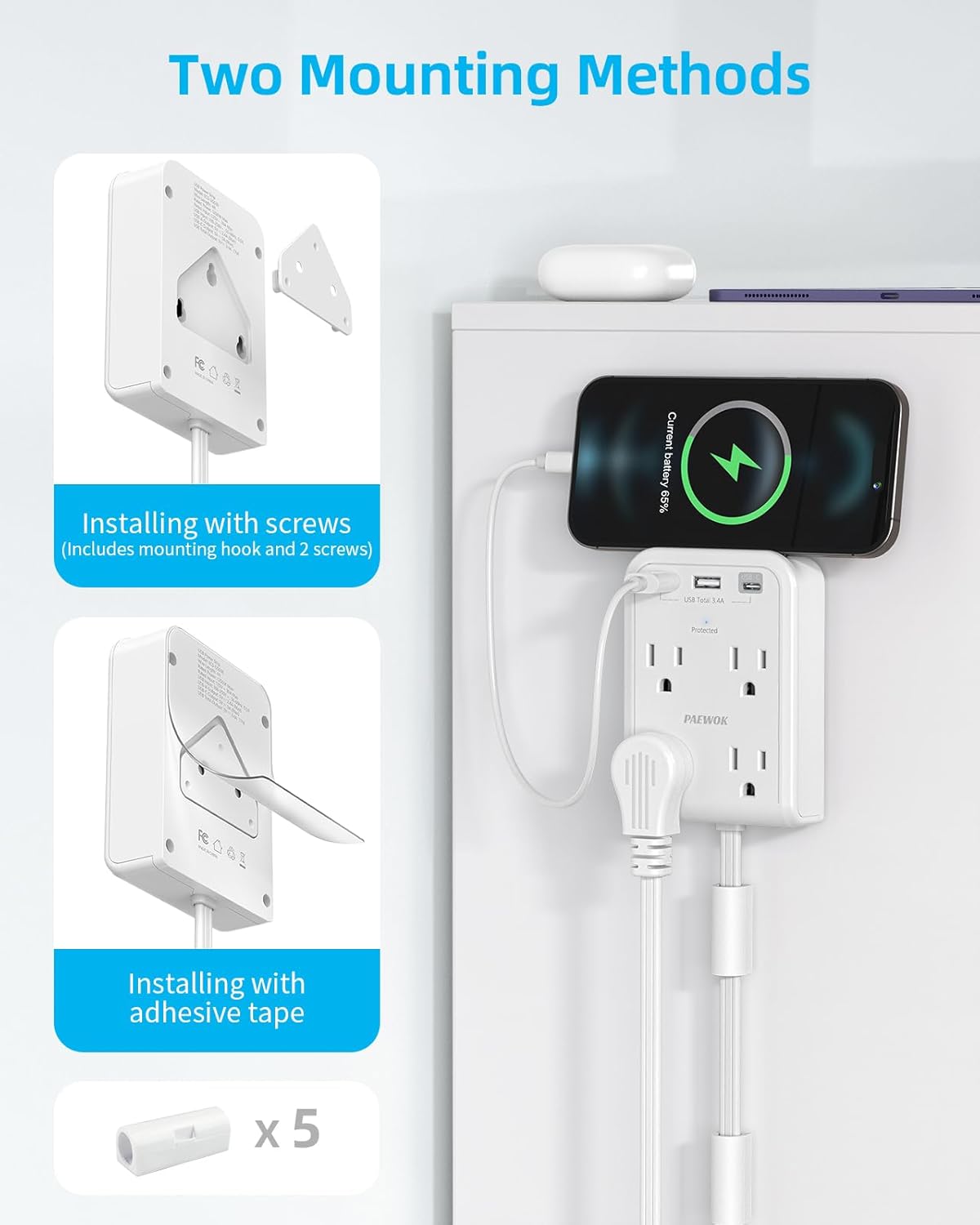 Short Power Strip 2FT - Flat Wall Extension Cord with 4AC Outlet and 3 USB Ports(1 Type C), Multi Plug Outlet Extender Small Sur Protector for Home Office Dorm, White