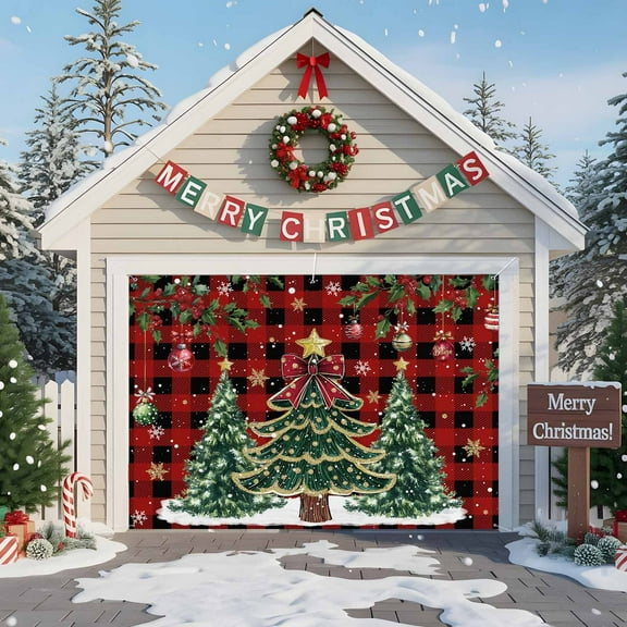 Fsddascl 7 x 8 Ft Christmas Garage Door Cover, Red Plaid Christmas Tree Large Garage Door Banner, Xmas Tree Snowflake Balls Botanical Hanging Garage Mural Background for Indoor Outdoor Party Supplies