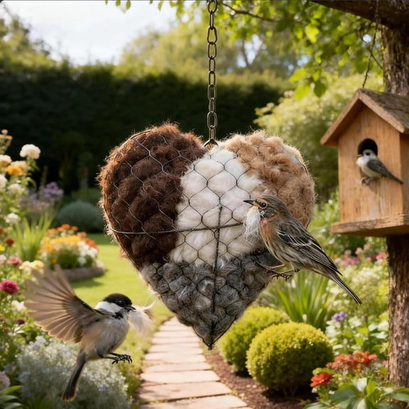 Handmade Heart Bird Nesting Material Holder, 6.7" Refillable Wire Globe with Natural Fiber for Hummingbirds & Wild Birds, Rustic Garden Decor Gift