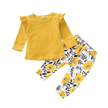 

Kucnuzki 6 Months Baby Girl Fall-Winter Outfits Pants Sets 12 Months Long Sleeve Solid Color Casual Tops Elastic Floral Cozy Pants 2PCS Set Yellow