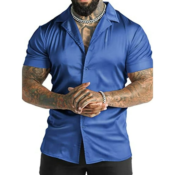 DYMADE Men's Shiny Disco Short Sleeve Casual Shirt Top