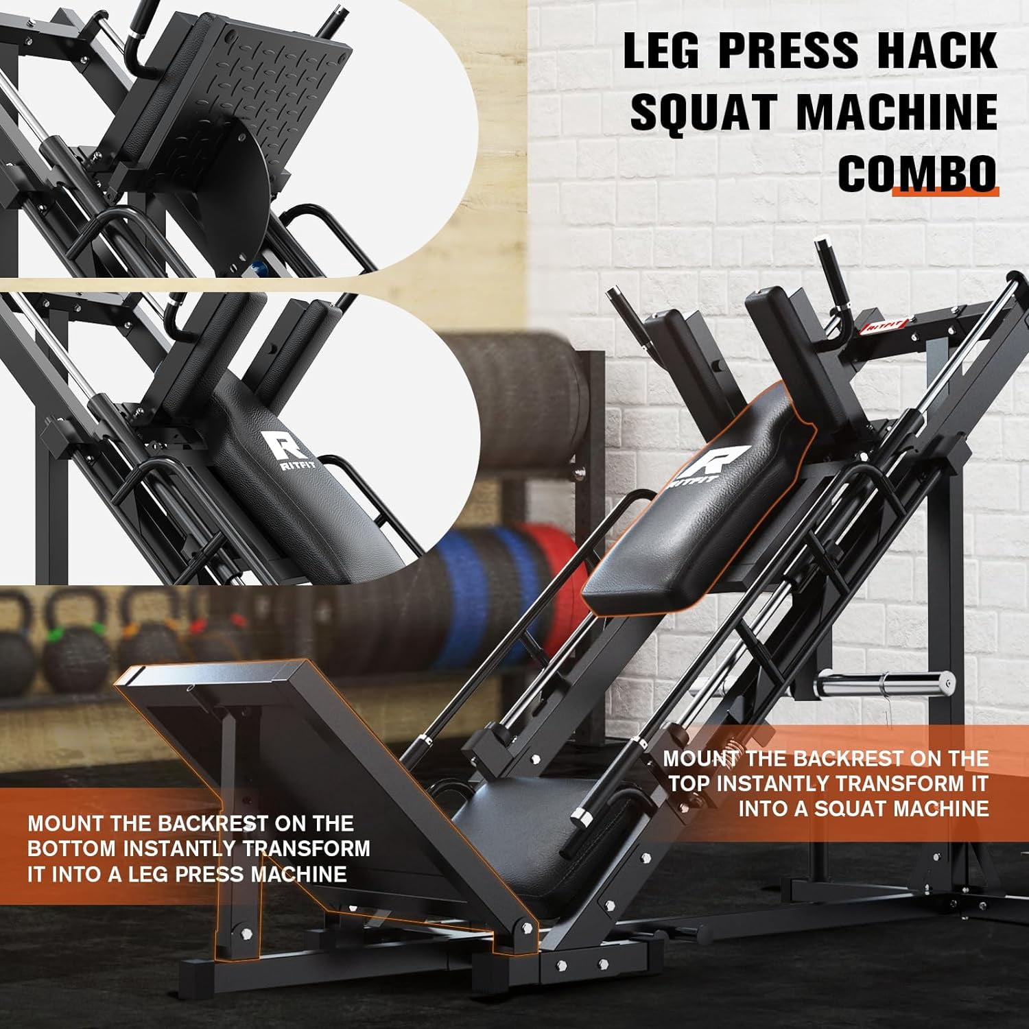 RitFit Adjustable Leg Press and Hack Squat Machine with Weight Plates, Professional Home Gym Equipment with Linear Bearings and Weight Storage Posts, 140LB Fleck Rubber Plate Set