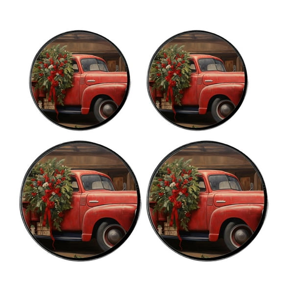 Round Stove Burner Covers 4 Pcs for Home Decor Cooktop Decorative ,Blue Wooden Christmas Truck Poinsettia Image, Metal Round Stove Burner Covers 8Inch And 10Inch