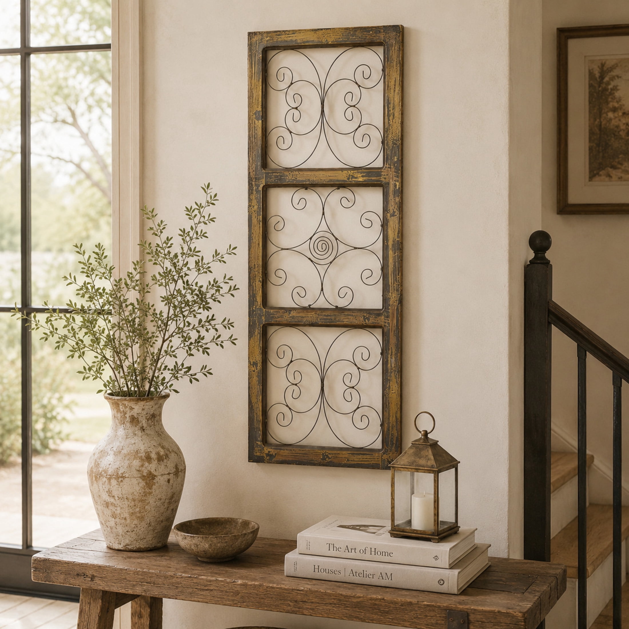 DecMode Brown Wood Distressed Panel Scroll Wall Decor with Bronze Metal Scrollwork