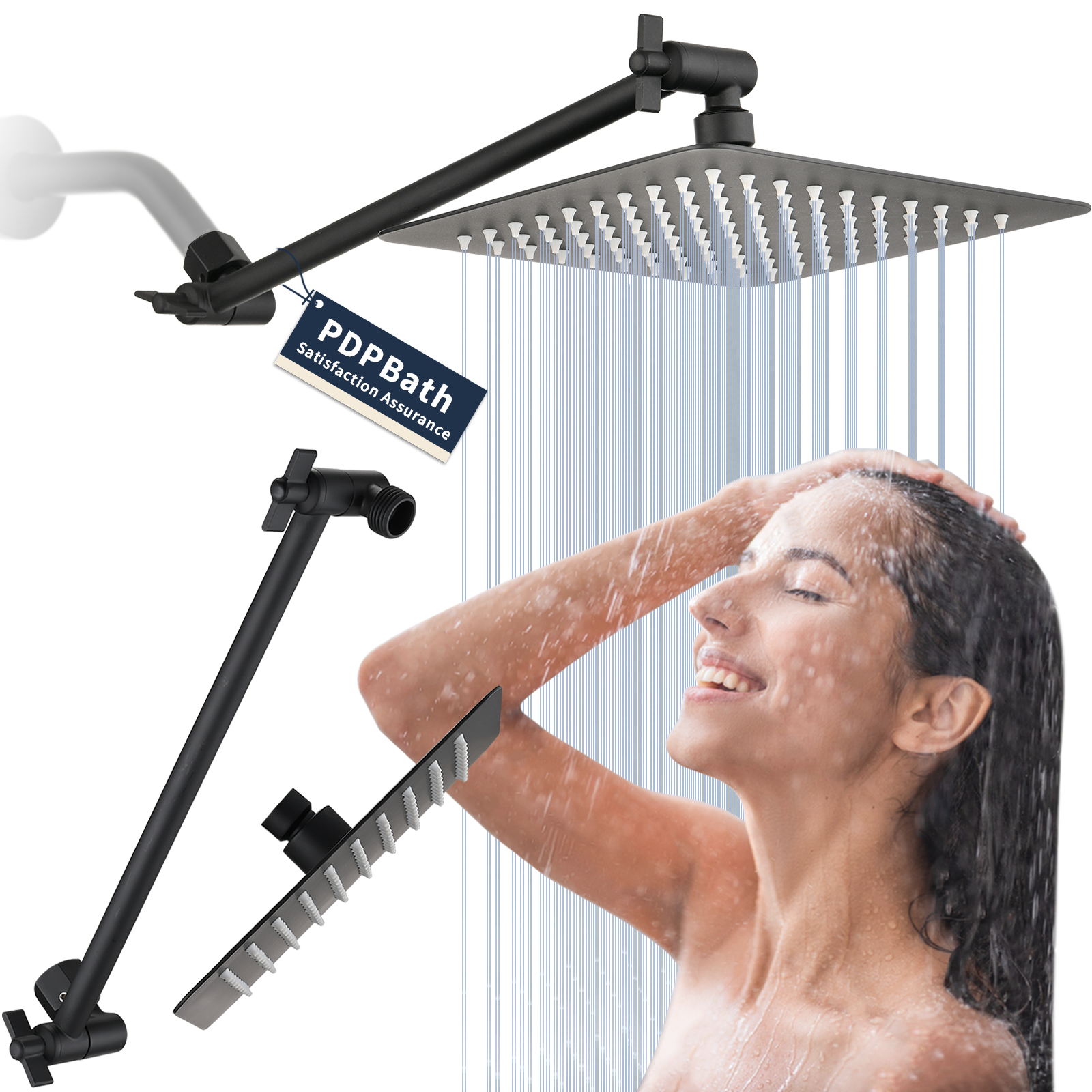 PDPBath 8" Rain Shower Head with 12" Adjustable Height&Distance