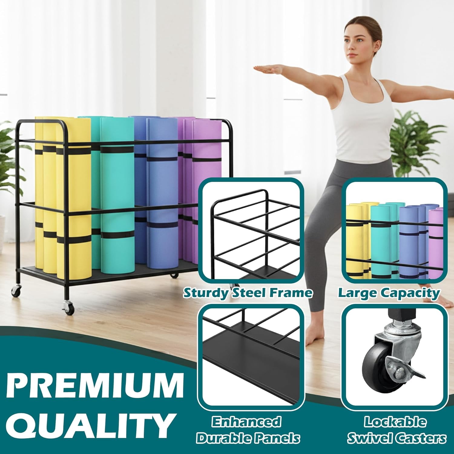 Yoga Mat Rack Storage Basket with Wheels,All-in-One Organizer for Yoga Mat Holder,Home Gym Equipment Storage Cart for Dumbbells, Kettlebells and Foam Rollers