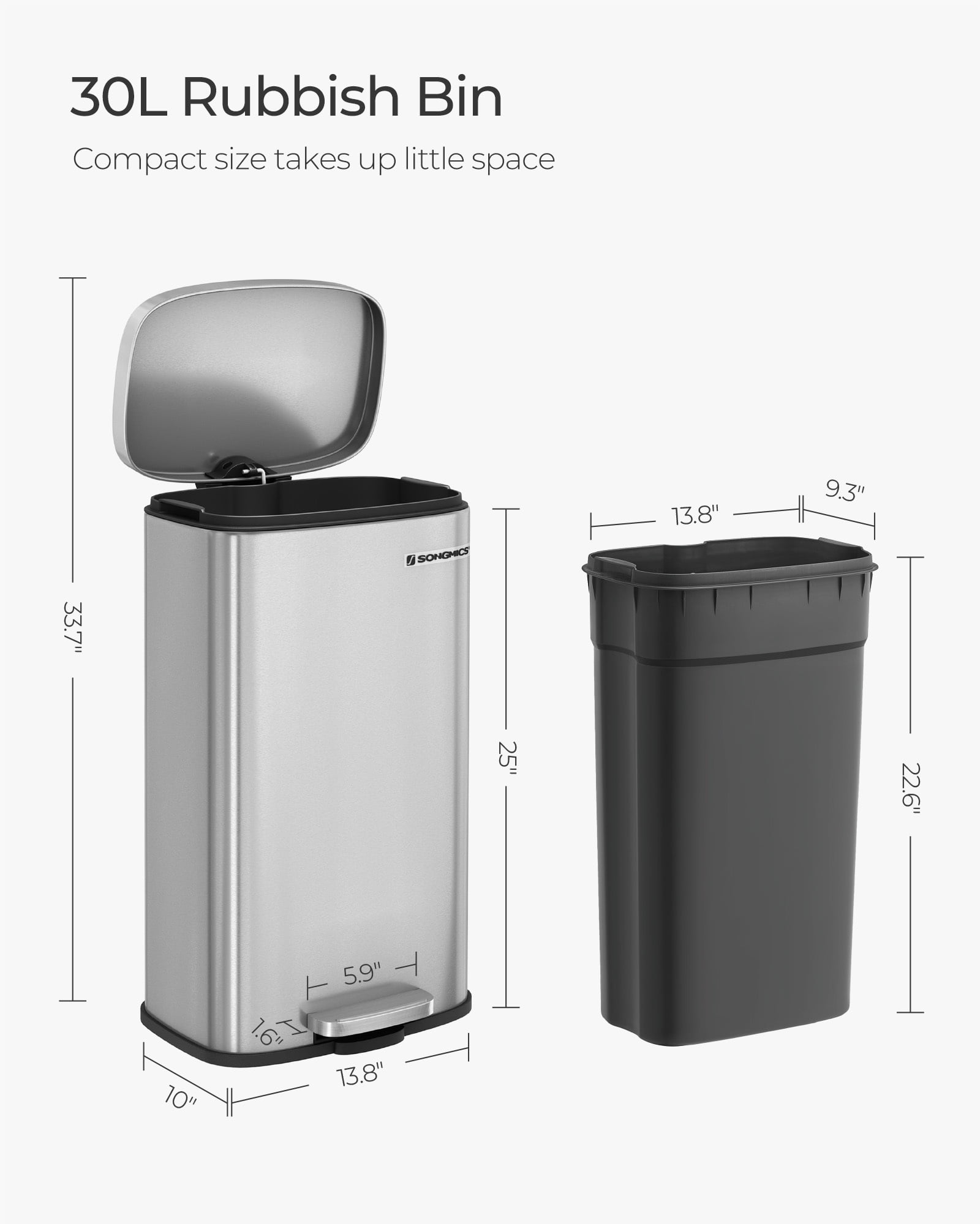 SONGMICS Trash Can, 2 x 8-Gallon Garbage Can for Kitchen, with 15 Trash Bags,  2 Compartments, Plastic Inner Buckets and Hinged Lids, Airtight, Silver and  Black …